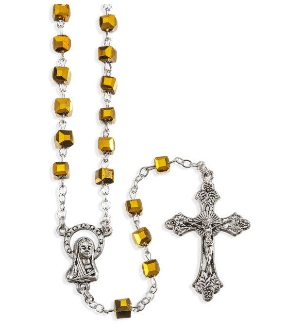 5mm Gold Cube Glass Bead Rosary in a Plastic Hinged Box