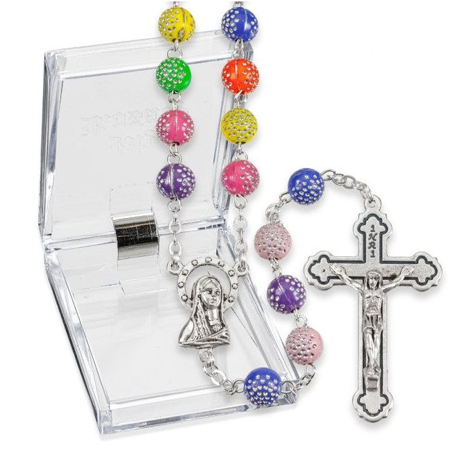 8mm Multicolored Silver Accent Bead Rosary, Boxed