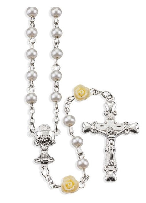 5mm First Communion White Pearl & Rose Bead Rosary
