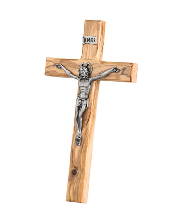 8" Olive Wood Crucifix with Silver Corpus