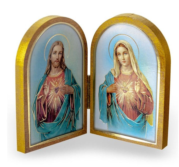 3.5" Sacred Heart and the Immaculate Heart Standing Natural Wood Diptych