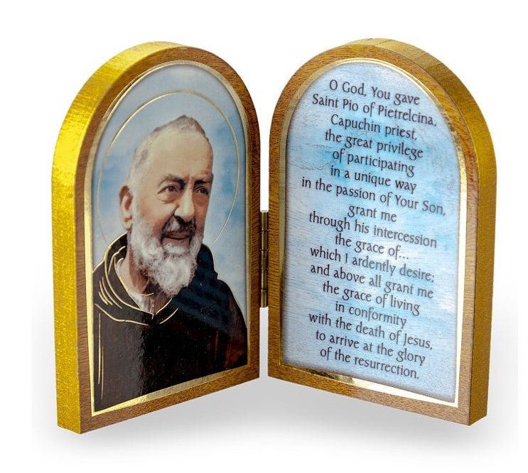 3.5" Padre Pio Standing Natural Wood Diptych