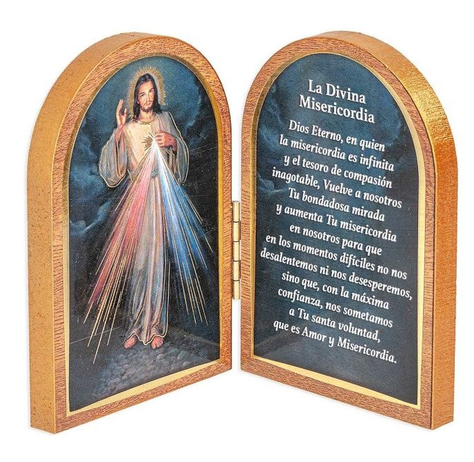 3.5" Divine Mercy Standing Natural Wood Diptych in Spanish