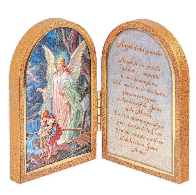 3.5" Guardian Angel Standing Natural Wood Diptych in Spanish