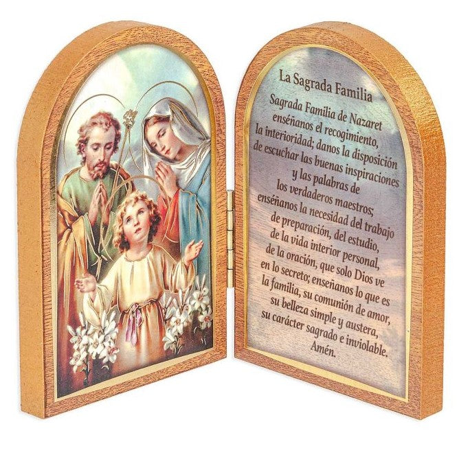 3.5" Holy Family Standing Natural Wood Diptych in Spanish