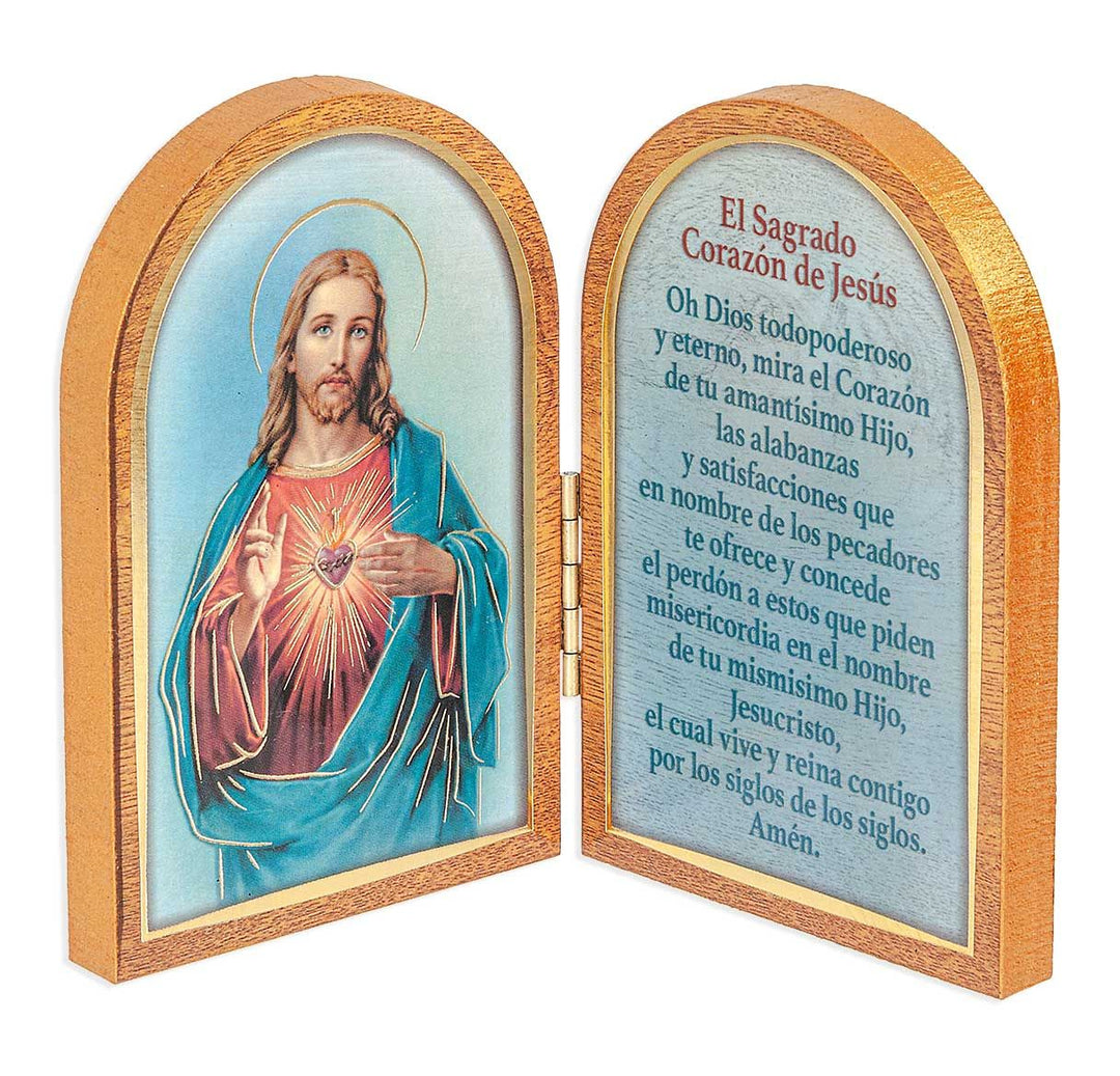 3.5" Sacred Heart of Jesus Standing Natural Wood Diptych in Spanish