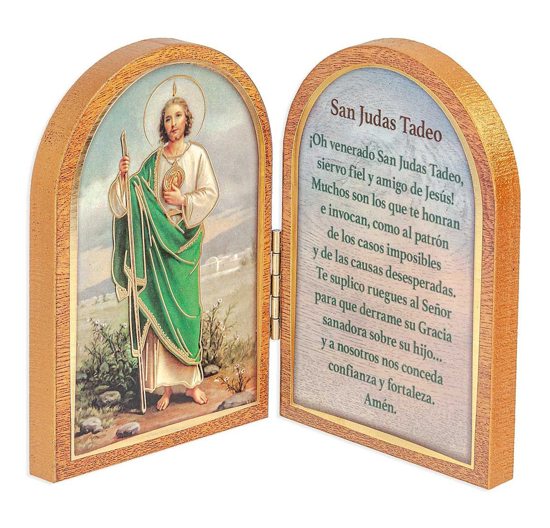 3.5" St. Jude Standing Natural Wood Diptych in Spanish
