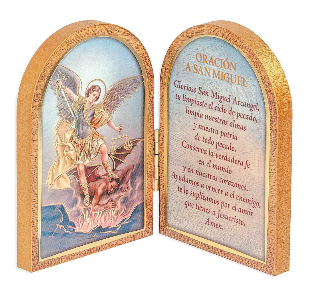 3.5" St. Michael Standing Natural Wood Diptych in Spanish