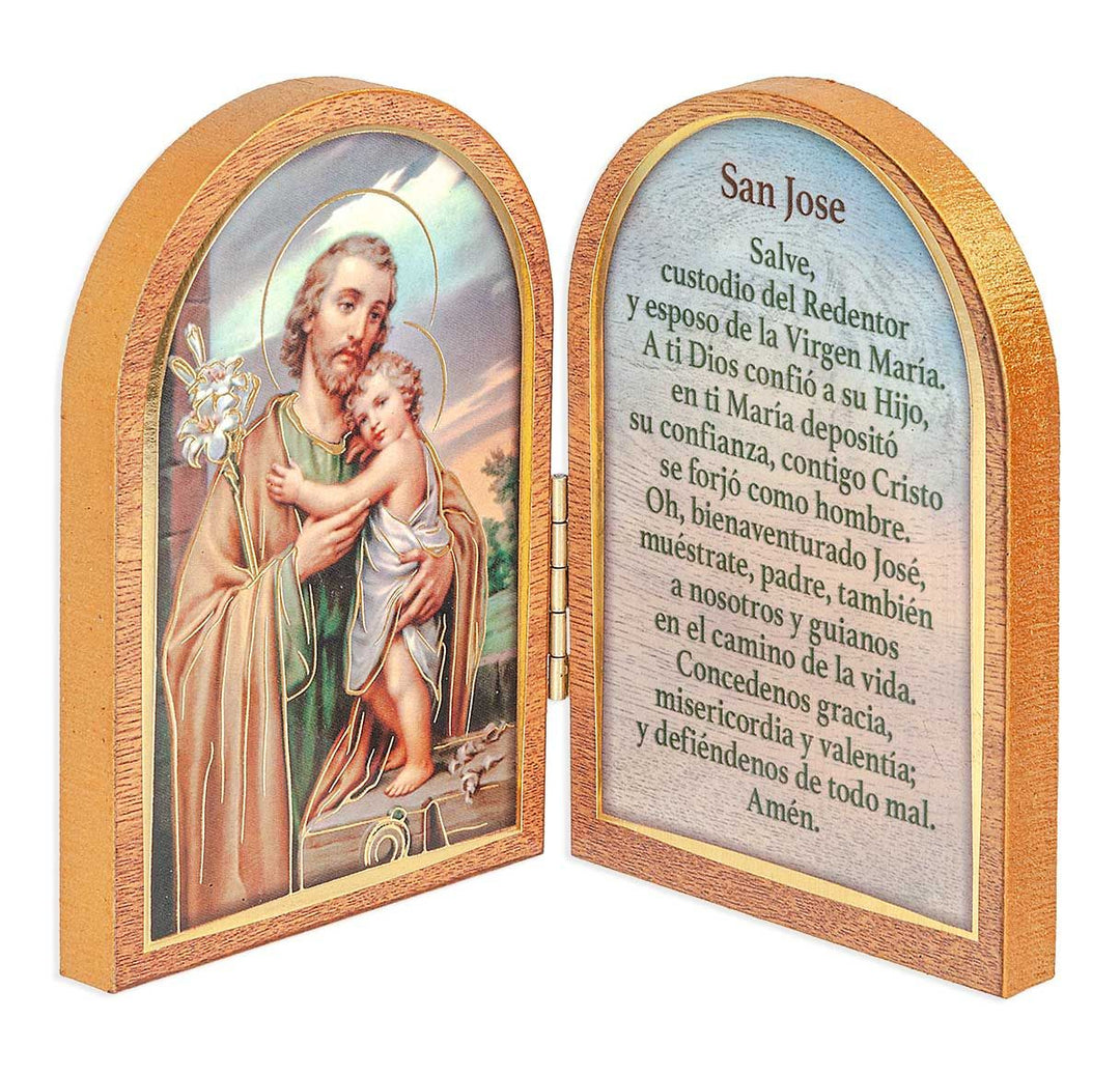 3.5" St. Joseph Standing Natural Wood Diptych in Spanish
