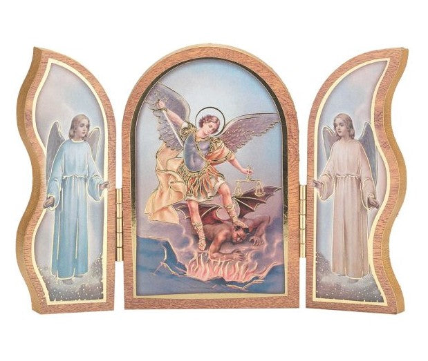 3.5" St. Michael Standing Natural Wood Triptych