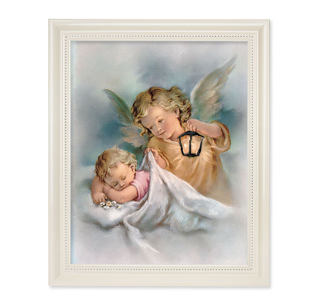 White Pearlescent Frame with a Guardian Angel Holding a Lantern Print