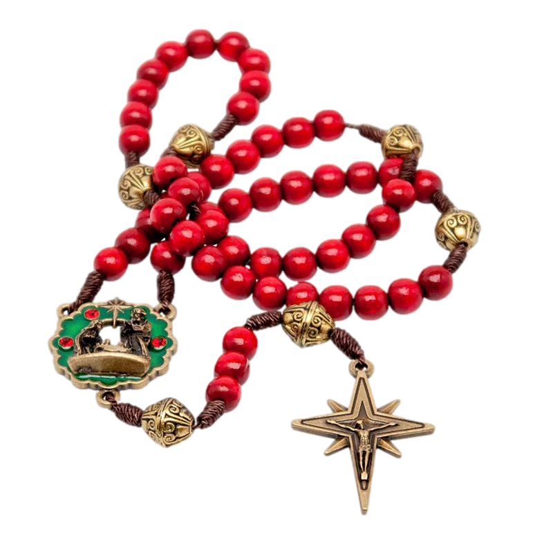 8MM Red Wood Bead Nativity Rosary