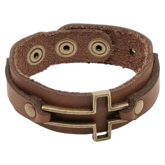 Men's Leather Bracelet with Cross - Brown