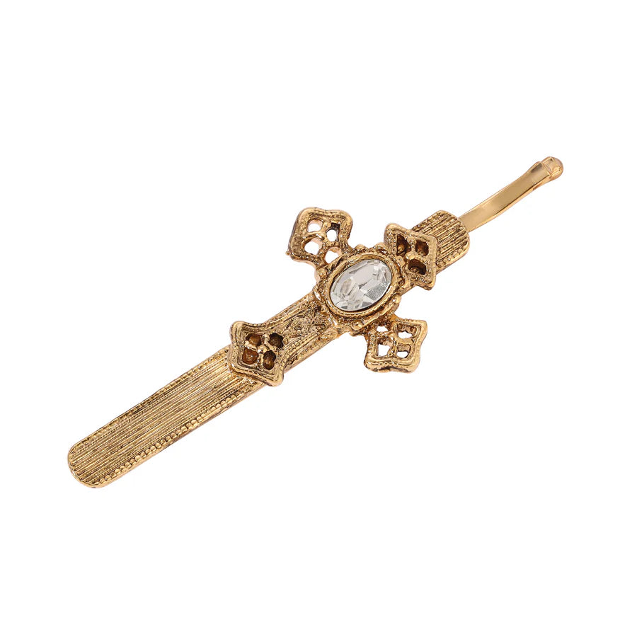 Oval Glass Crystal Cross Bobby Pin - Clear