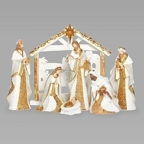 11" 7 Piece White & Gold Nativity Set