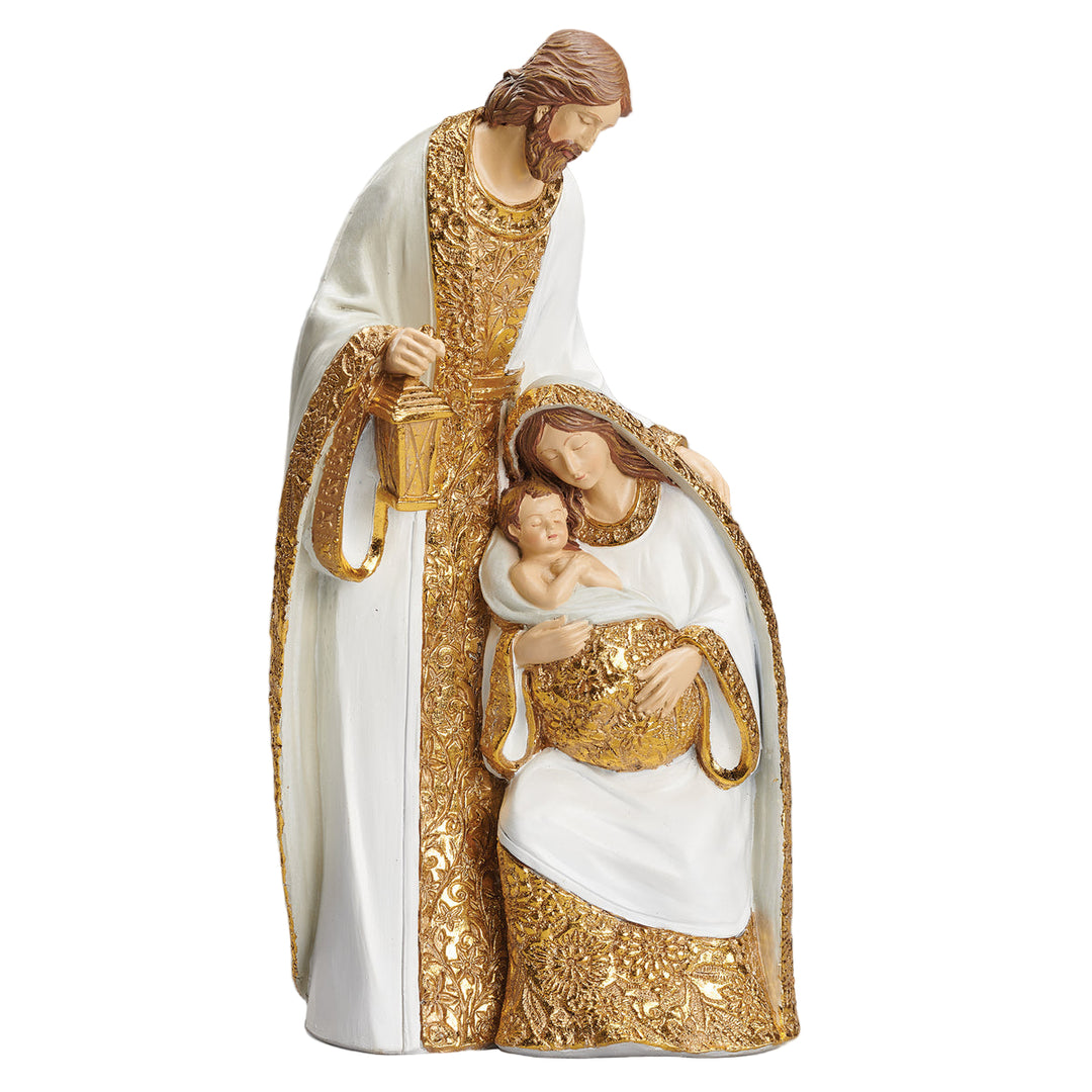 14" Holy Family Figurine in White with Embossed Gold Robes