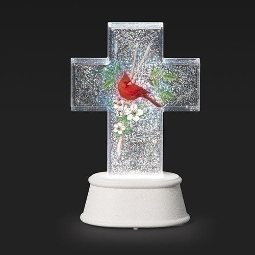 8.7" Lighted Swirl Cross with Red Cardinal