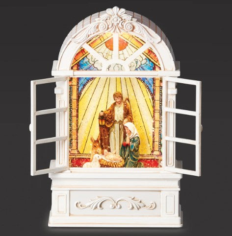 8.75" Lighted Swirl Church Window with Stained Glass Holy Family Scene