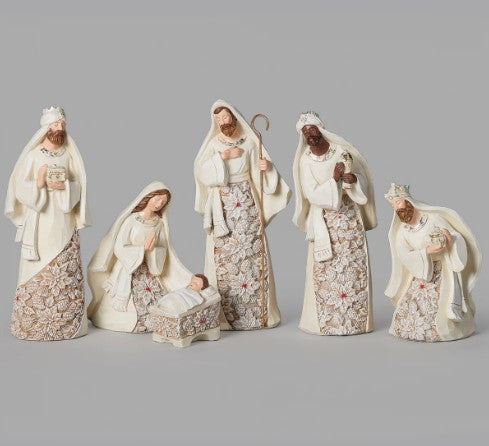 7" 6 Piece Nativity with Poinsettia Accents Set