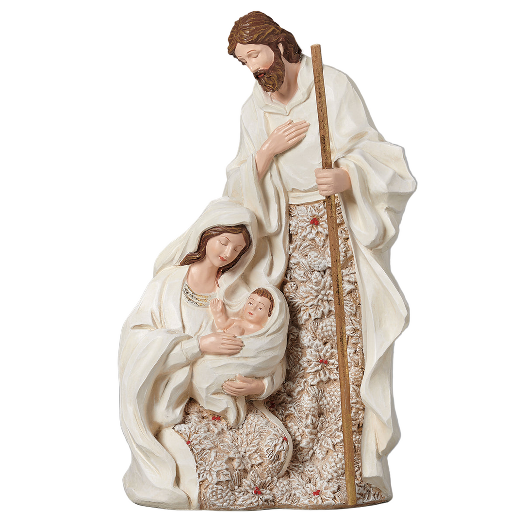 10.75" Holy Family Christmas Figure with Poinsettia Accents