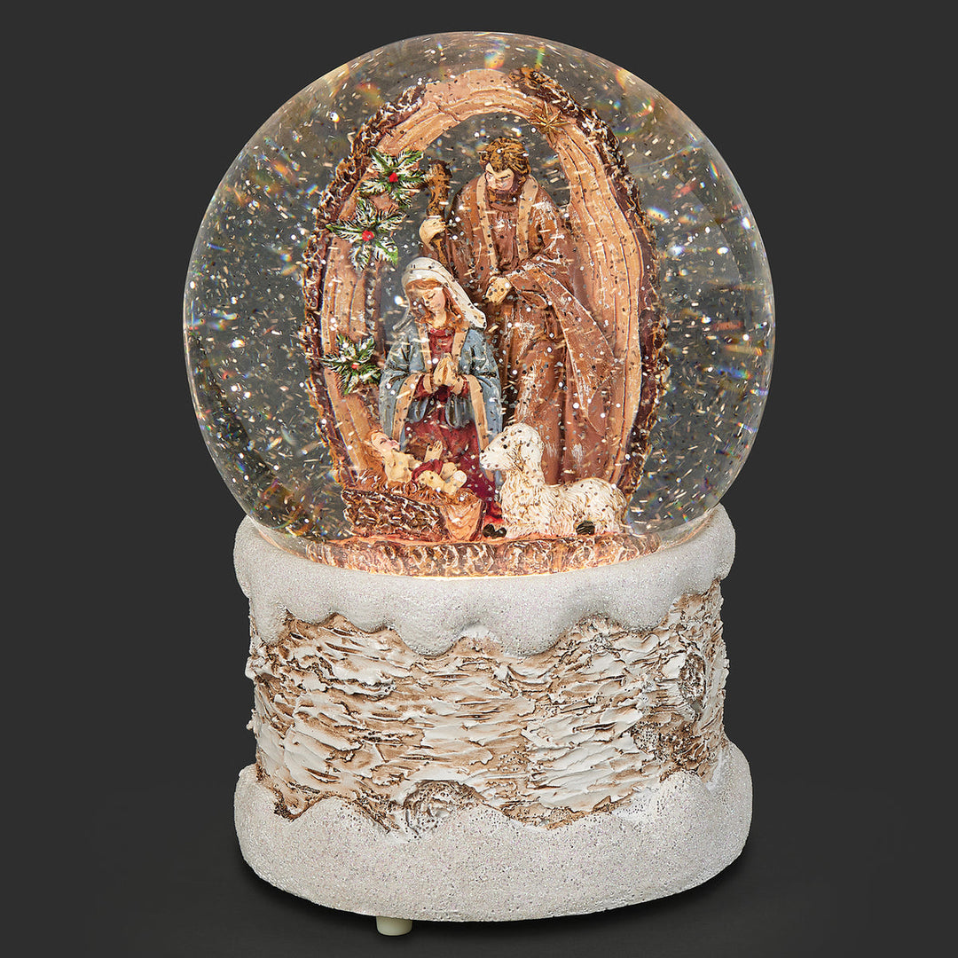 7" Glitterdome Lighted Swirl Holy Family in Wood Log