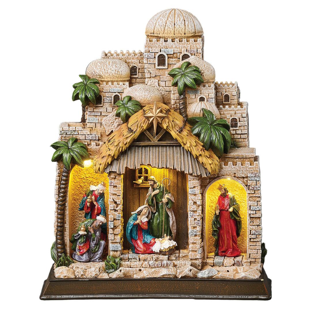11" Lighted Nativity in Town Scene