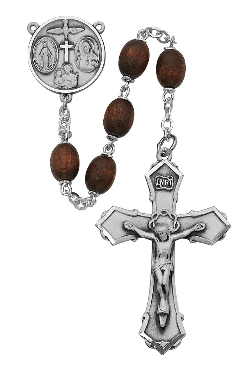 Brown Wood 4-Way Pewter Center Rosary