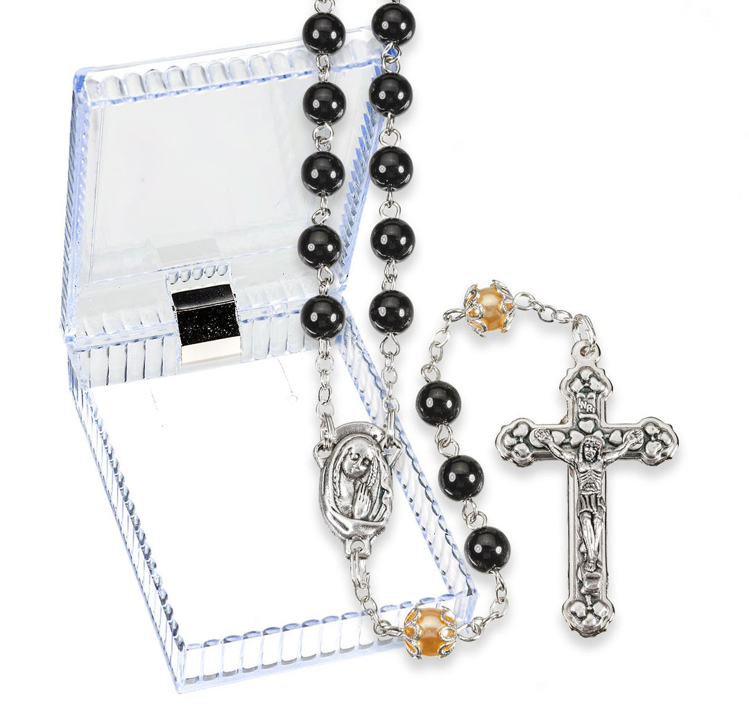 Black and Faux Pearl Glass Bead Rosary