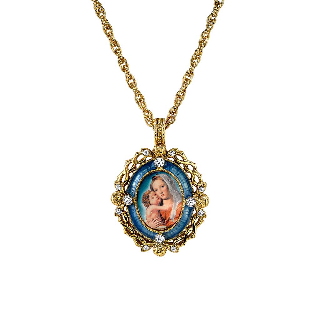 14K Gold Dipped Crystal Blue Enamel Mary & Child Pendant Necklace