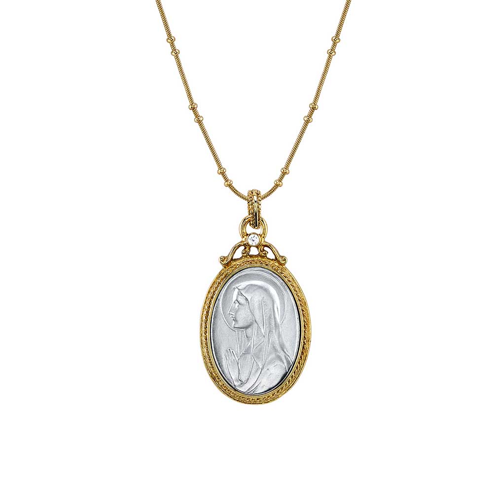 Two Tone Virgin Mary Medallion with Crystal Accent Pendant Necklace