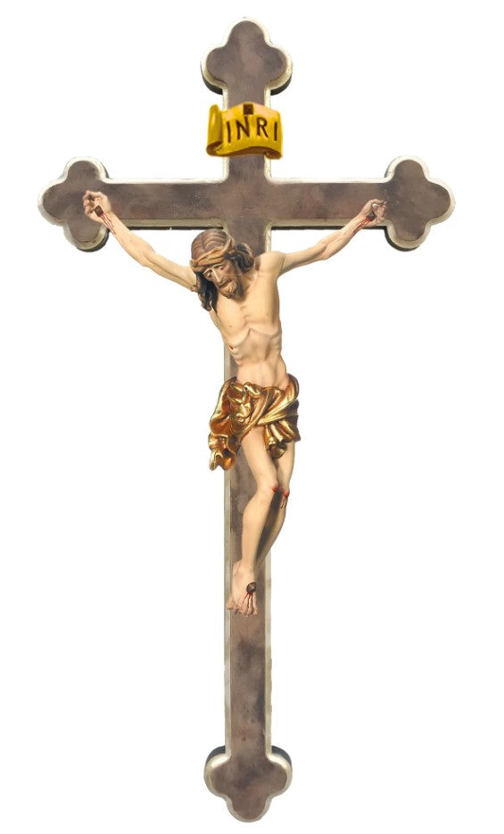 13" Oil Painted Maple Wood Baroque Wall Crucifix