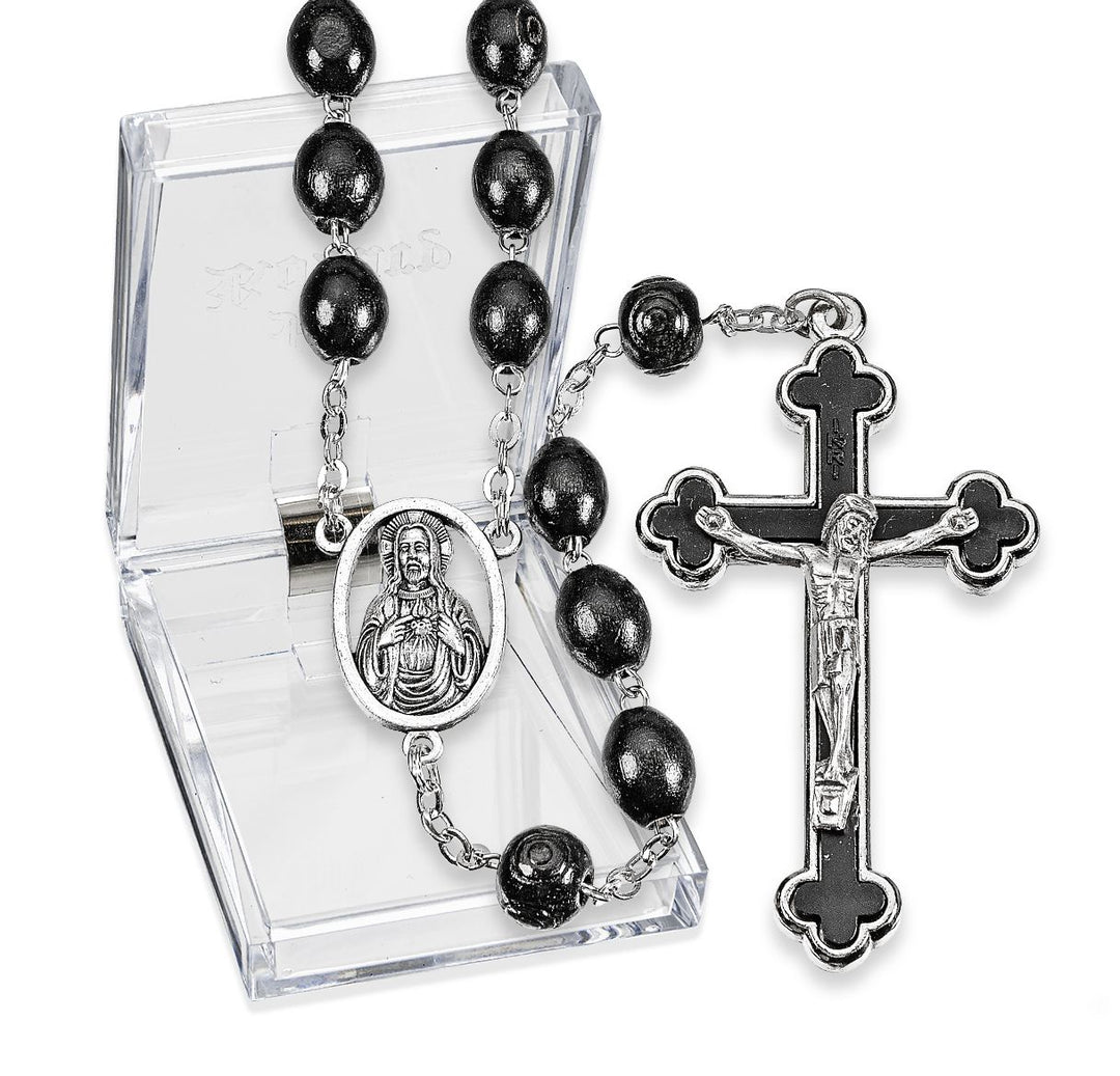 Black Oval Wood Bead Rosary