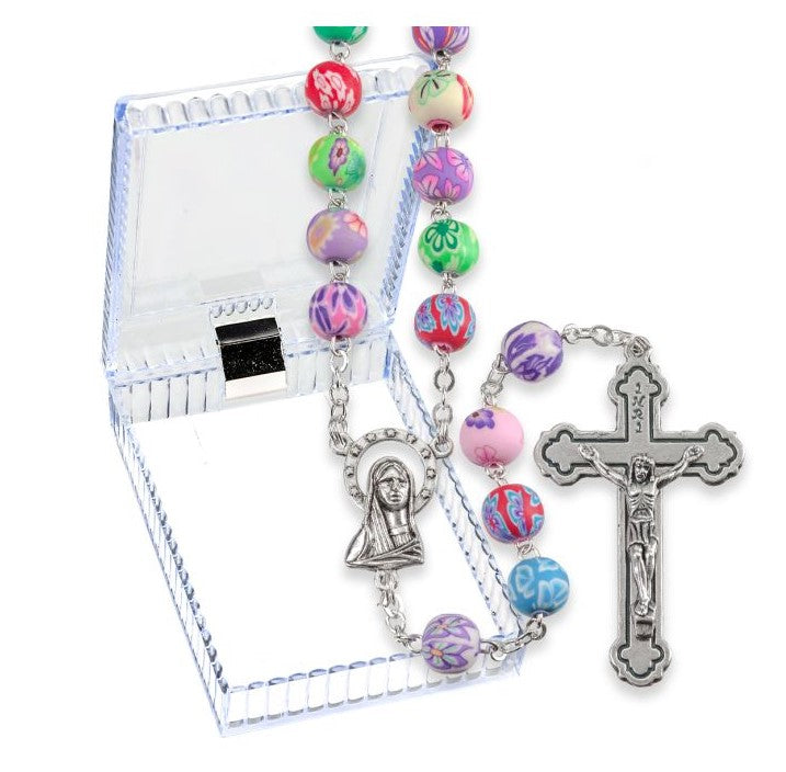 8mm Multicolored Round Floral Bead Rosary, Boxed