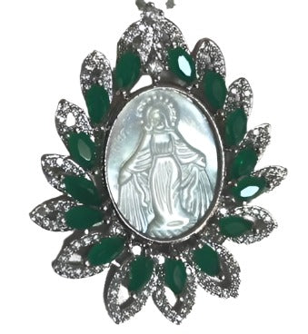 1.75" Our Lady of Grace Pin - Oval Silver/Jade