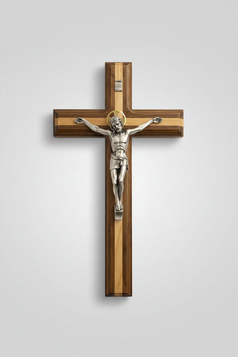 11" Walnut / Maple Crucifix with Silver Corpus Crucifix