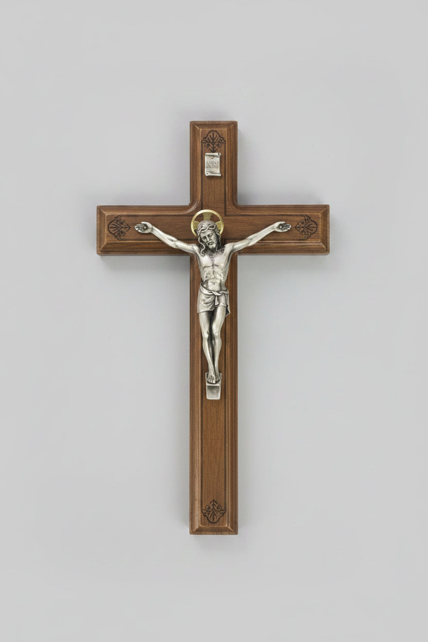 11" Walnut Flower Engraved Crucifix