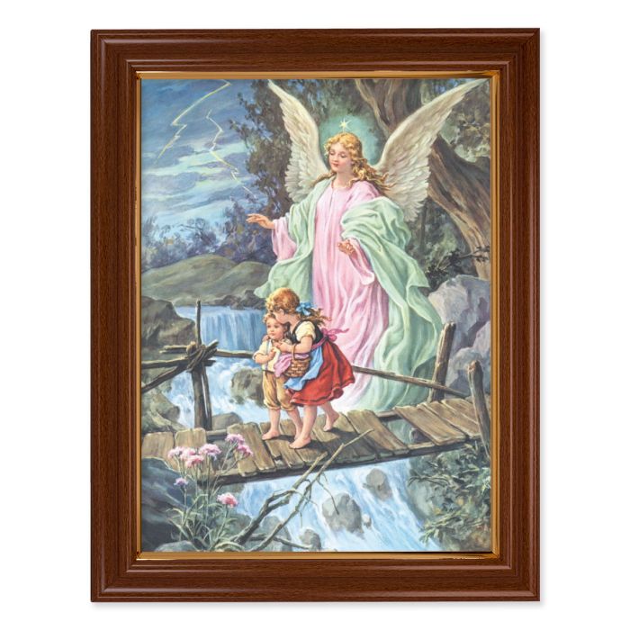 Walnut Finish Frame with Gold Accent and a Guardian Angel Textured Art