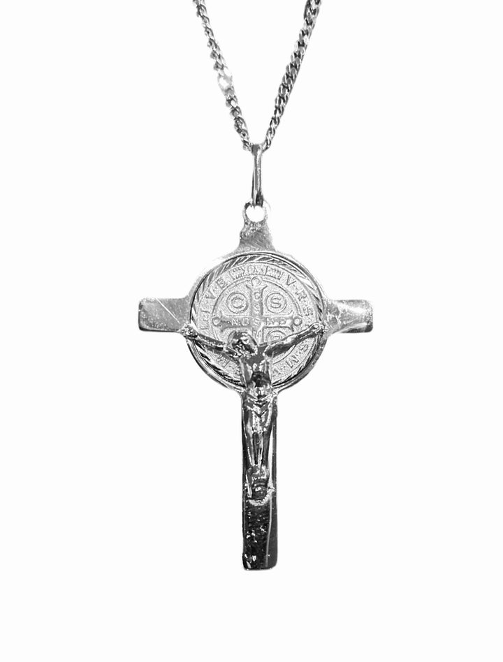 Sterling Silver St. Benedict Crucifix Necklace with Curb Chain