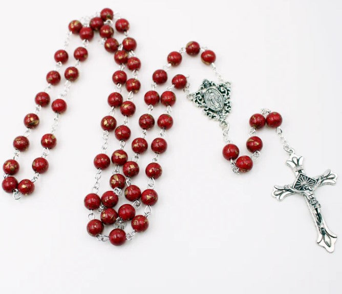 6mm Faux Pearl Rosary with Gold Fleck Glass Beads