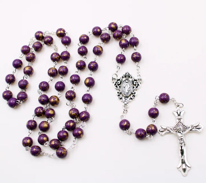 6mm Faux Pearl Rosary with Gold Fleck Glass Beads