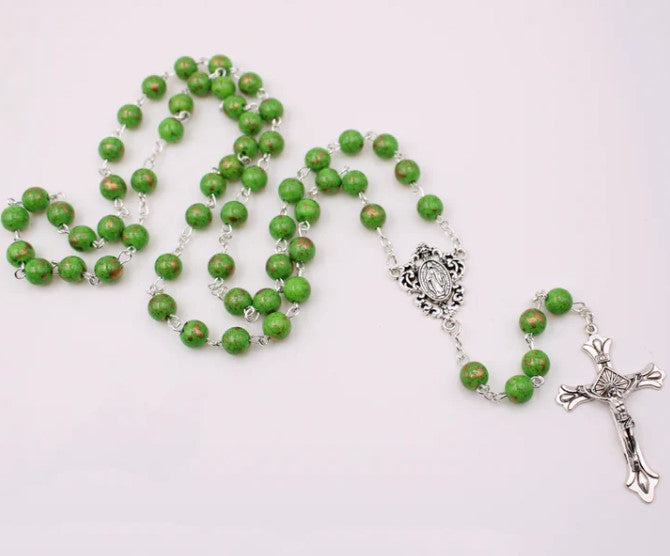 6mm Faux Pearl Rosary with Gold Fleck Glass Beads