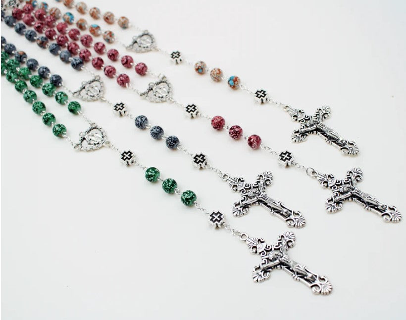 8mm Glass Rosary with Heart Shaped Miraculous Center