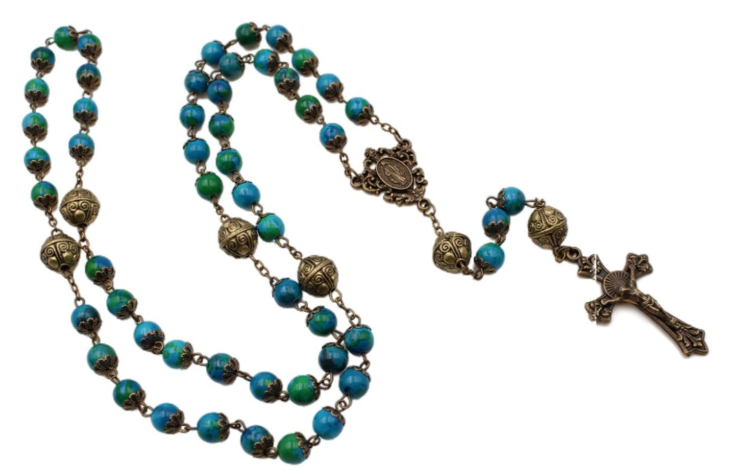 8mm Single Cap Bronze Rosary with Aqua Beads