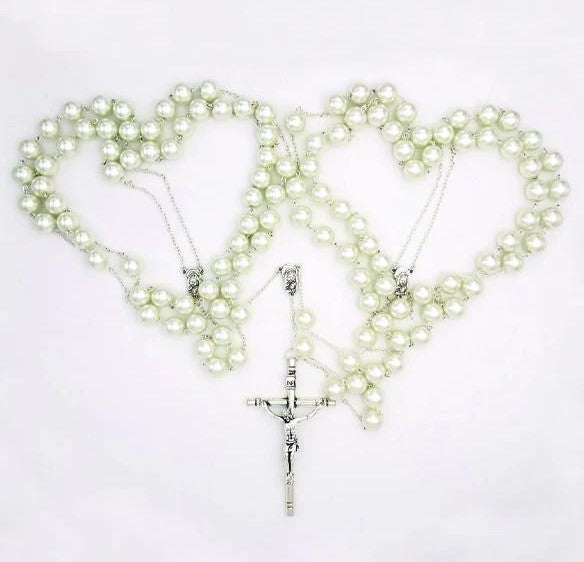 14MM Large Imitation Pearl and Silver-tone Wedding Lasso Rosary