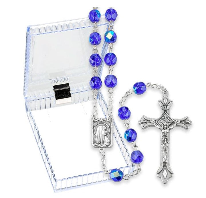 6mm Dark Blue Glass Bead Rosary with Deluxe Center and Crucifix