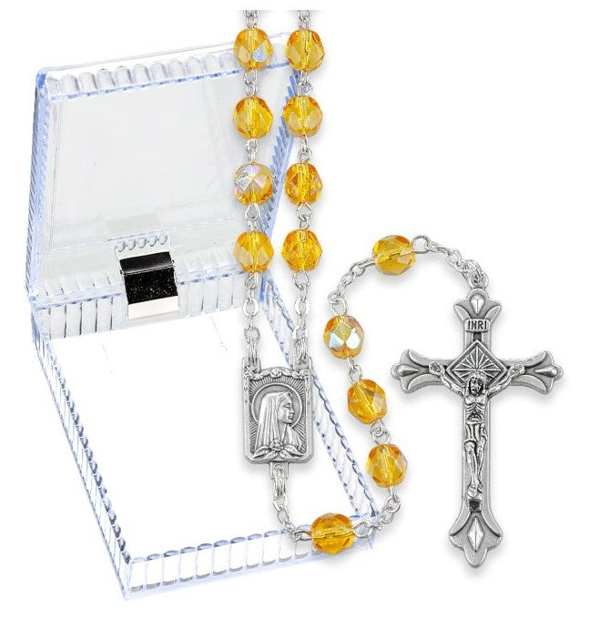 6mm Topaz Glass Bead Rosary with Deluxe Center and Crucifix