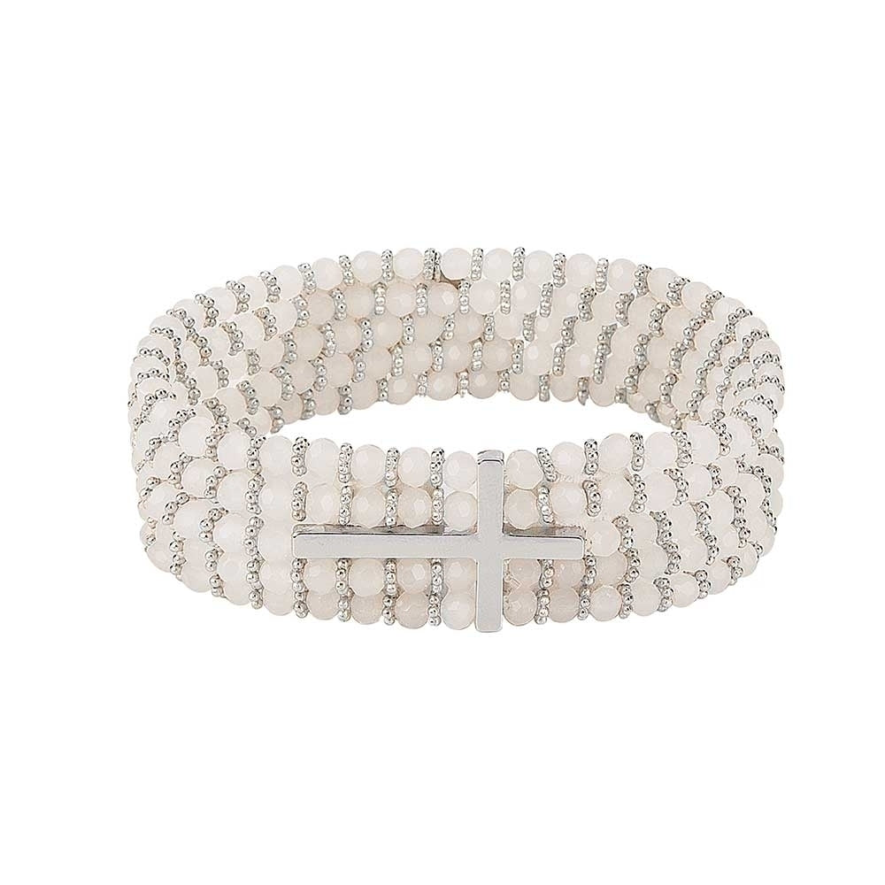 7" White Silver Cross Stretch Bracelet