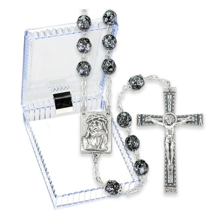 7mm Black and Silver Metallic Glass Fire Polished Bead Rosary