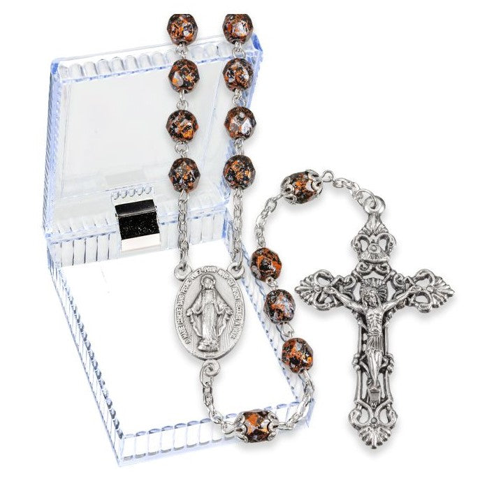 7mm Copper Metallic Glass Fire Polished Bead Rosary, Boxed