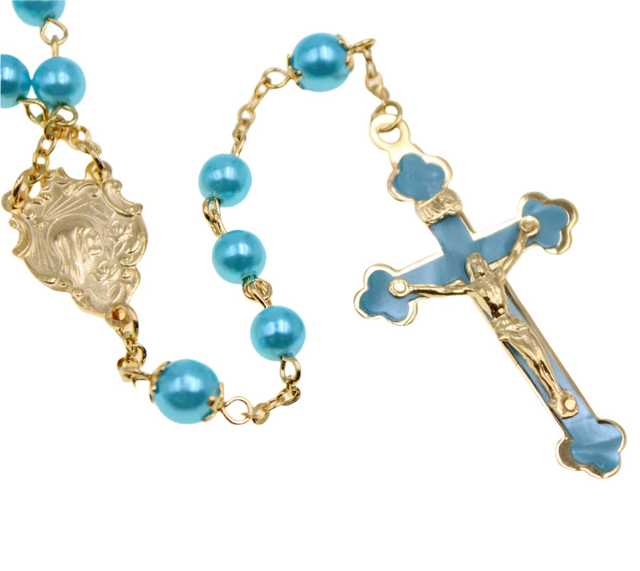 Aqua Blue Pearl Gold Plated Rosary